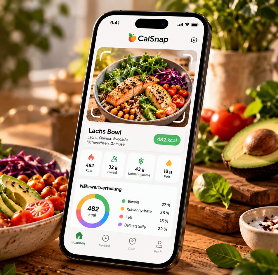 An illustration of the CalSnap app on a phone: a photographed salmon bowl is logged with 482 kcal and its macronutrients.