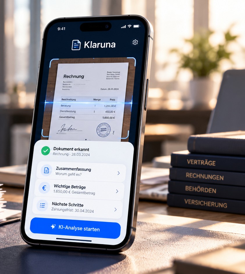 An illustration of the Klaruna app on a phone: a scanned document has been recognised, the important amounts are listed, and the next steps name a payment deadline.